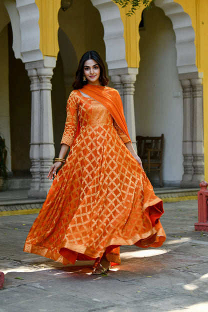 Women's Orange Silk Anarkali Gown With Dupatta- (2Pc Set)