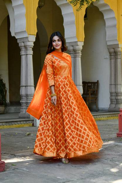 Women's Orange Silk Anarkali Gown With Dupatta- (2Pc Set)