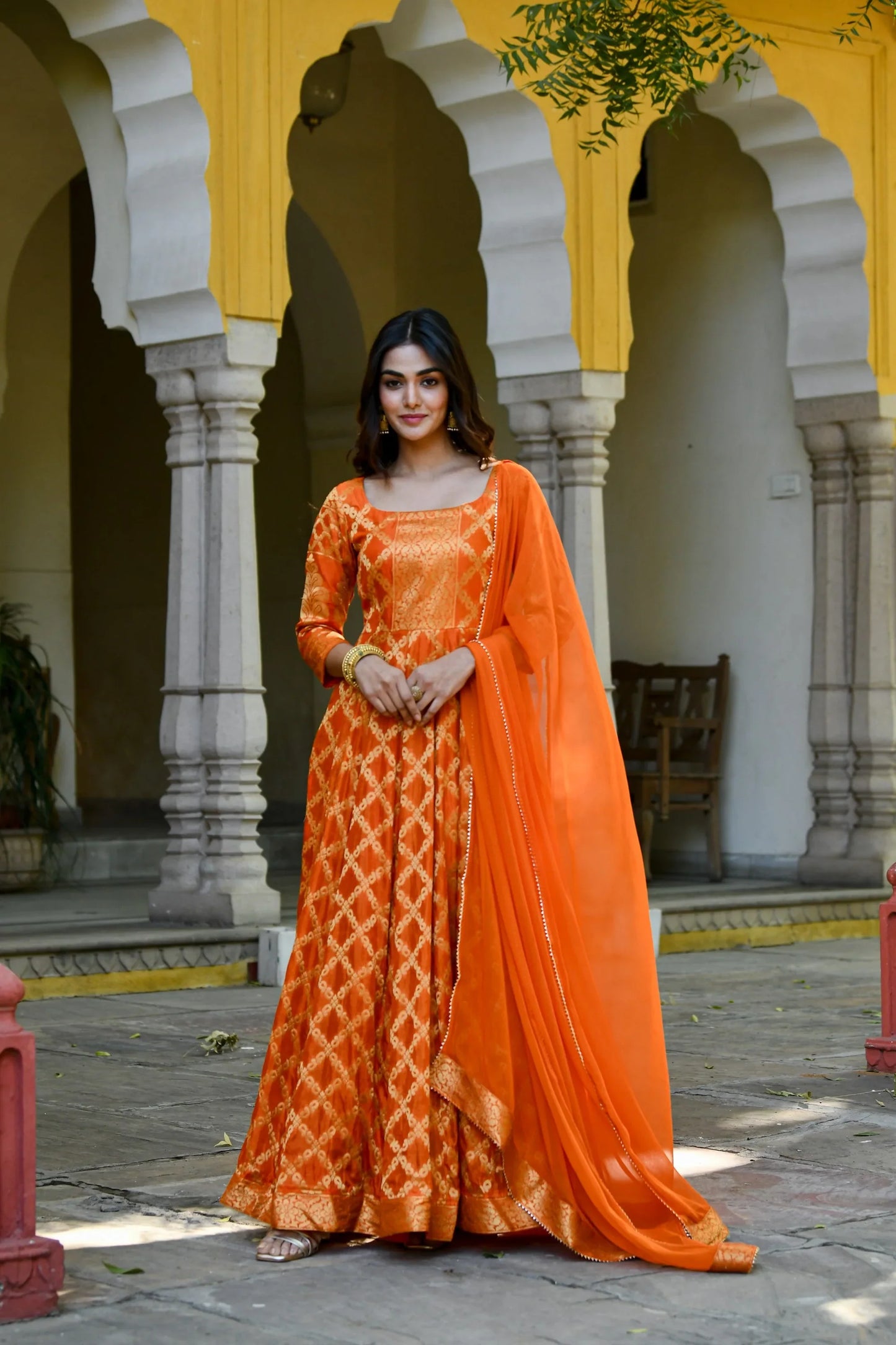 Women's Orange Silk Anarkali Gown With Dupatta- (2Pc Set)