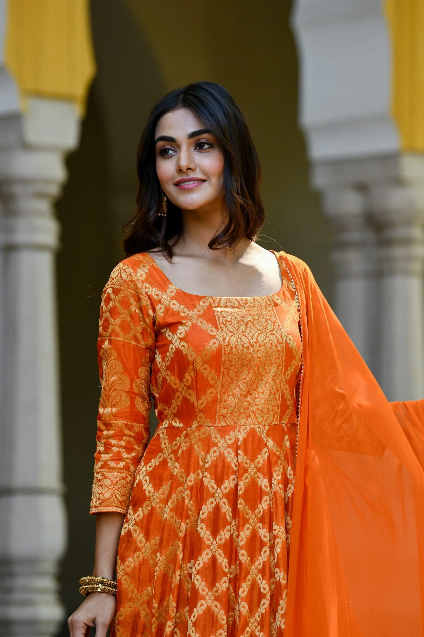 Women's Orange Silk Anarkali Gown With Dupatta- (2Pc Set)