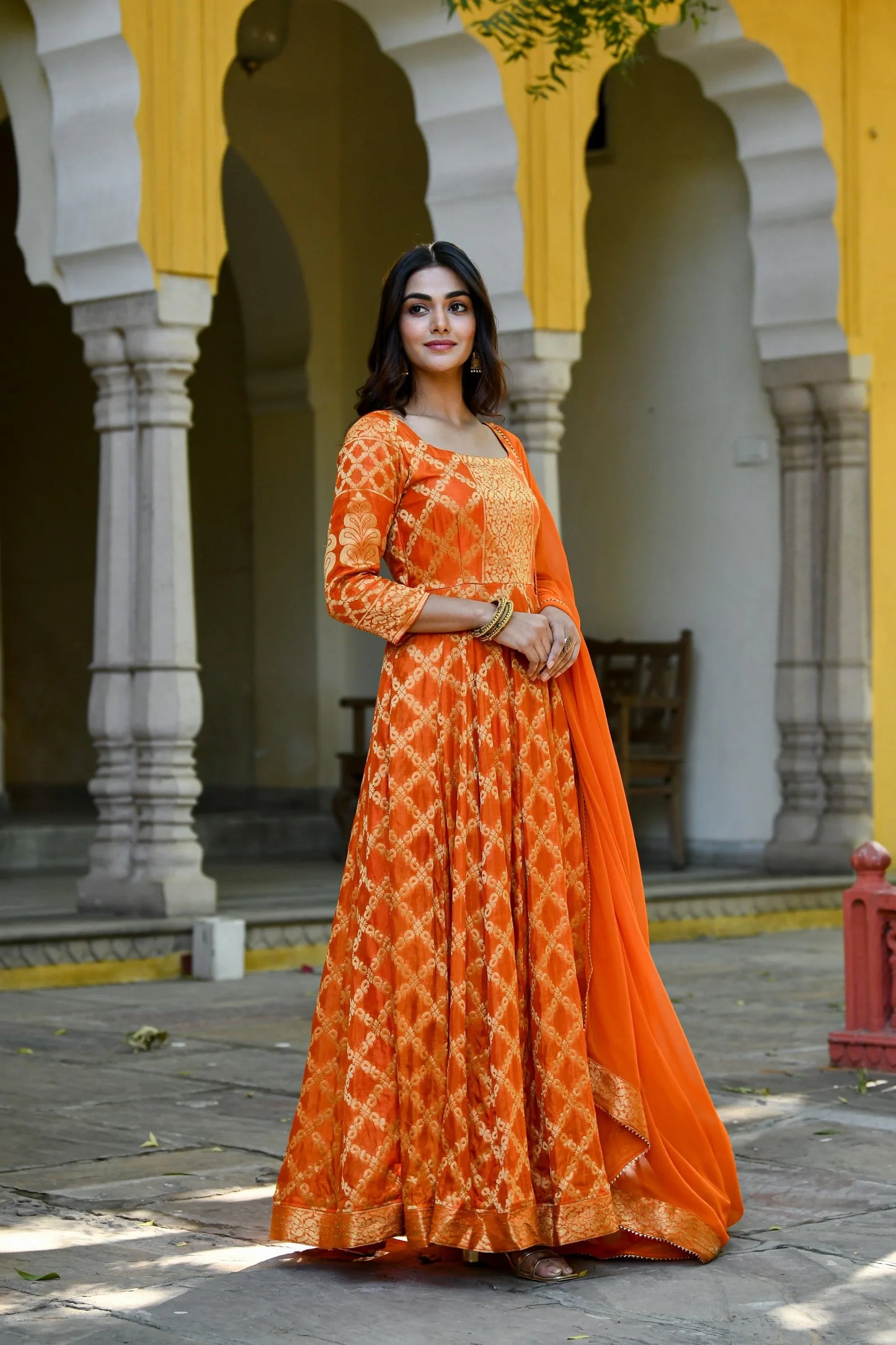 Women's Orange Silk Anarkali Gown With Dupatta- (2Pc Set)