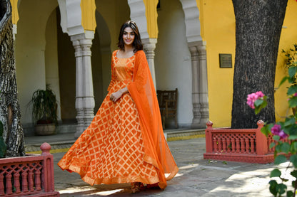 Women's Orange Silk Anarkali Gown With Dupatta- (2Pc Set)