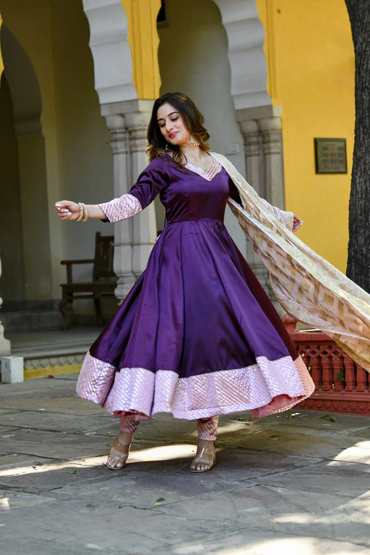 Women's Dark Purple Anarkali Suit Set With Dupatta- (3Pc Set)