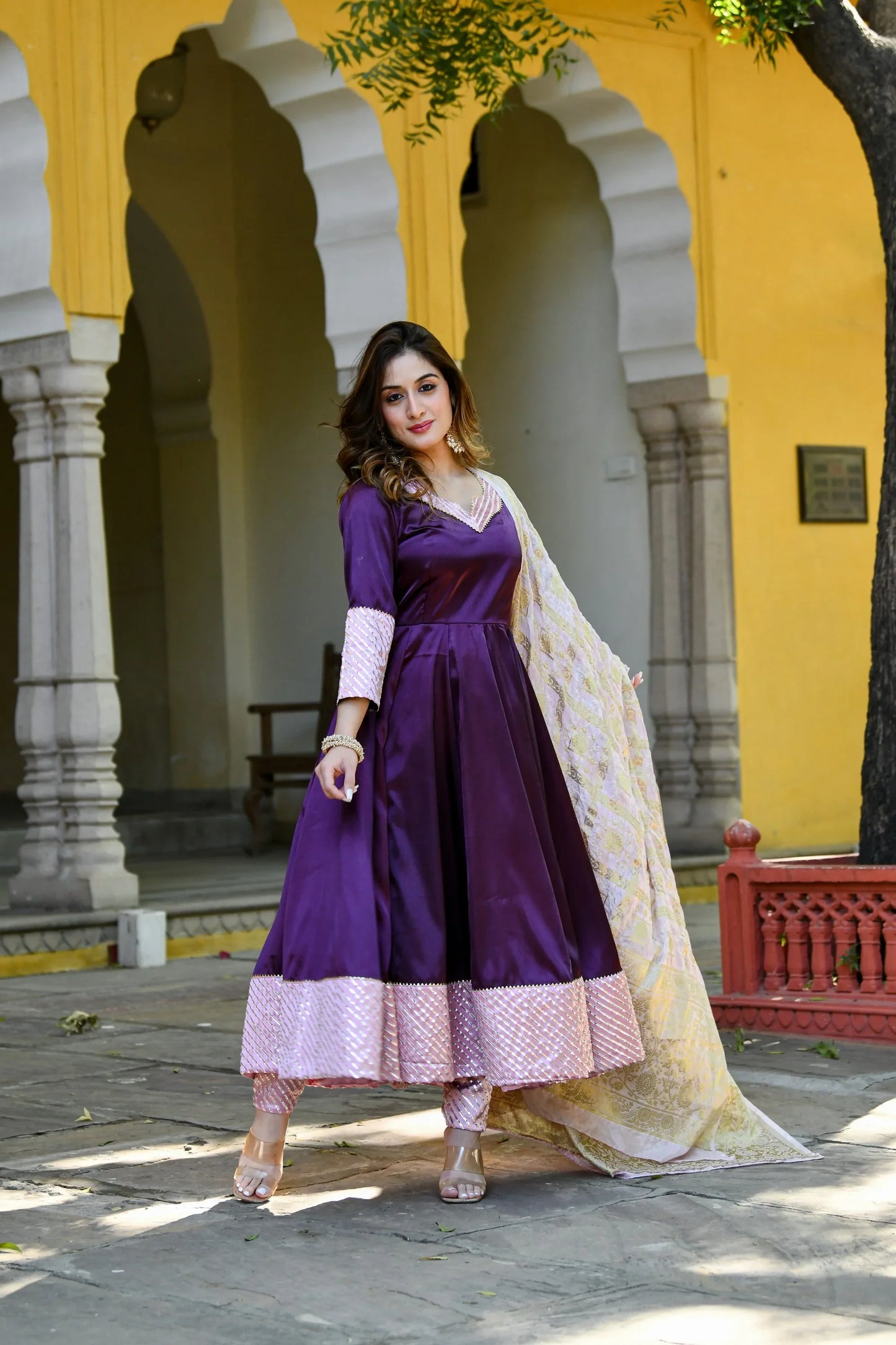 Women's Dark Purple Anarkali Suit Set With Dupatta- (3Pc Set)