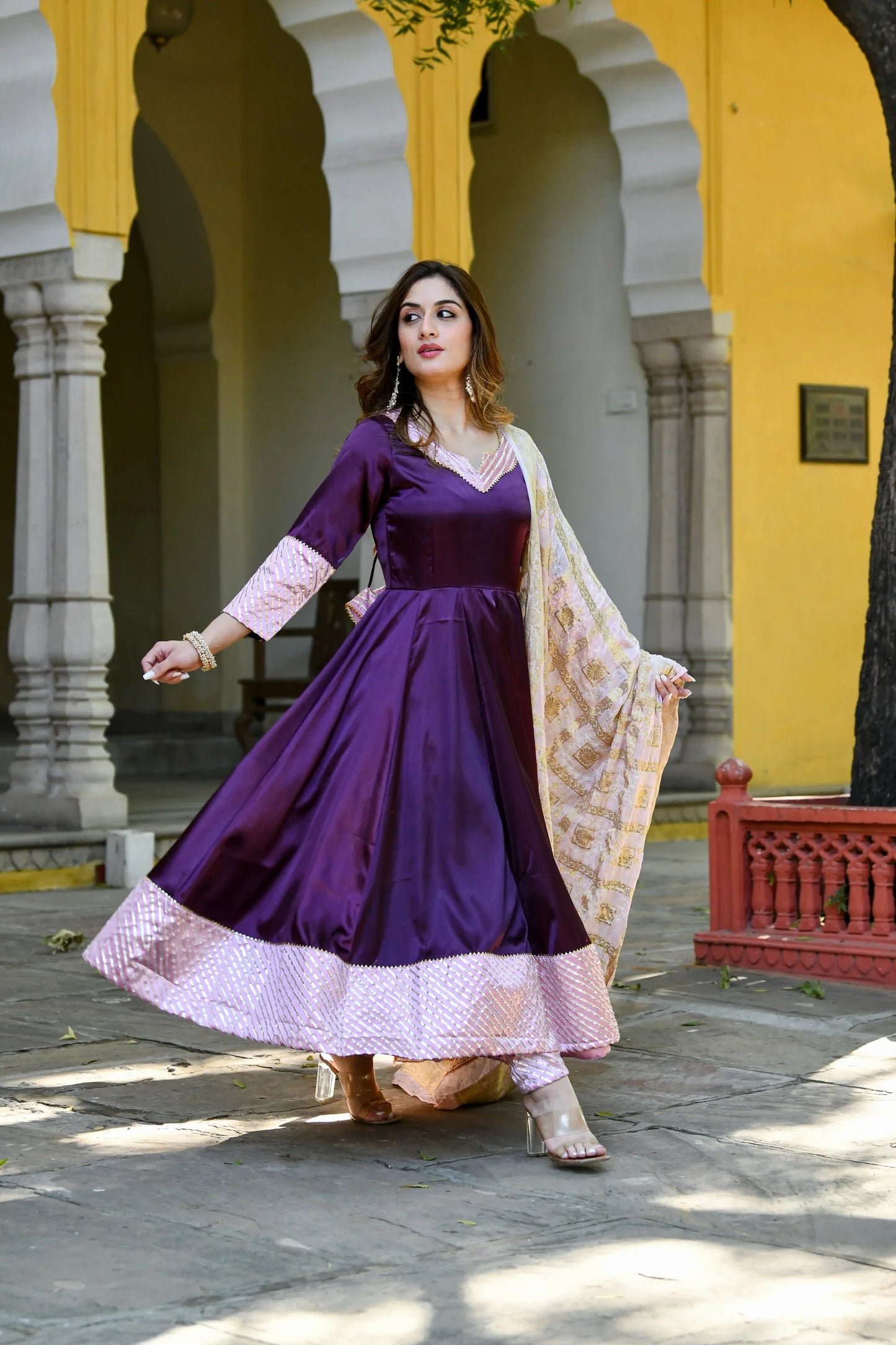 Women's Dark Purple Anarkali Suit Set With Dupatta- (3Pc Set)