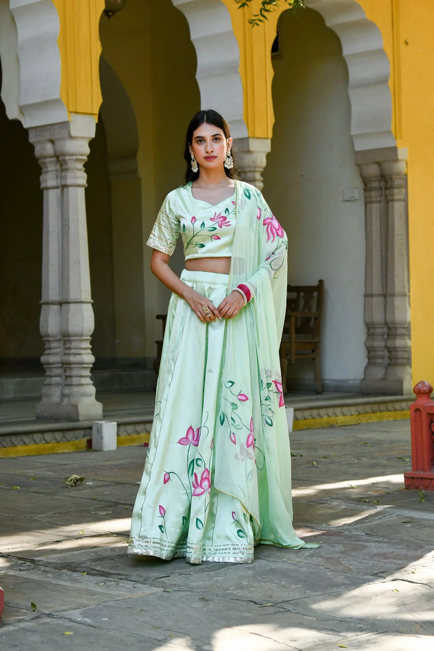 Women's Mint Green Lehenga In Satin Silk- (3Pc Set)