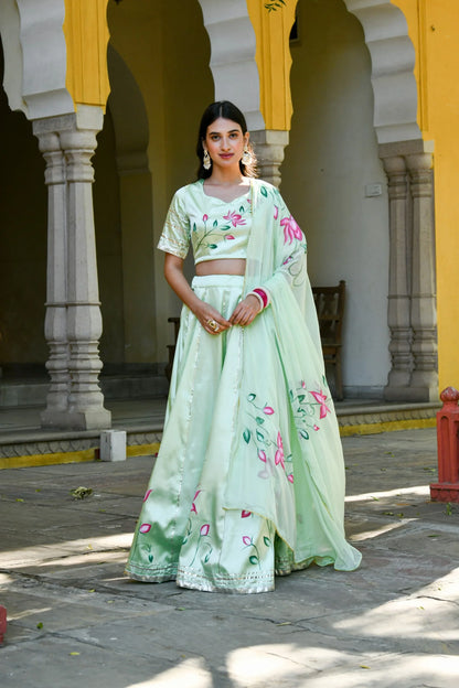 Women's Mint Green Lehenga In Satin Silk- (3Pc Set)