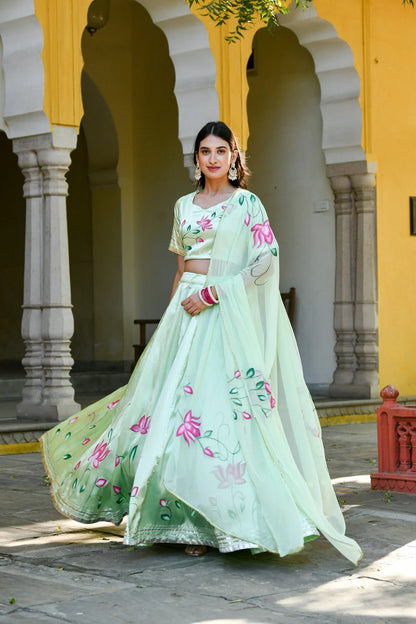 Women's Mint Green Lehenga In Satin Silk- (3Pc Set)