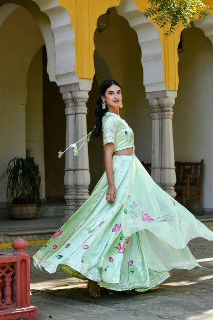 Women's Mint Green Lehenga In Satin Silk- (3Pc Set)