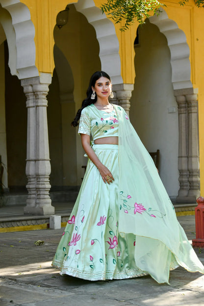 Women's Mint Green Lehenga In Satin Silk- (3Pc Set)