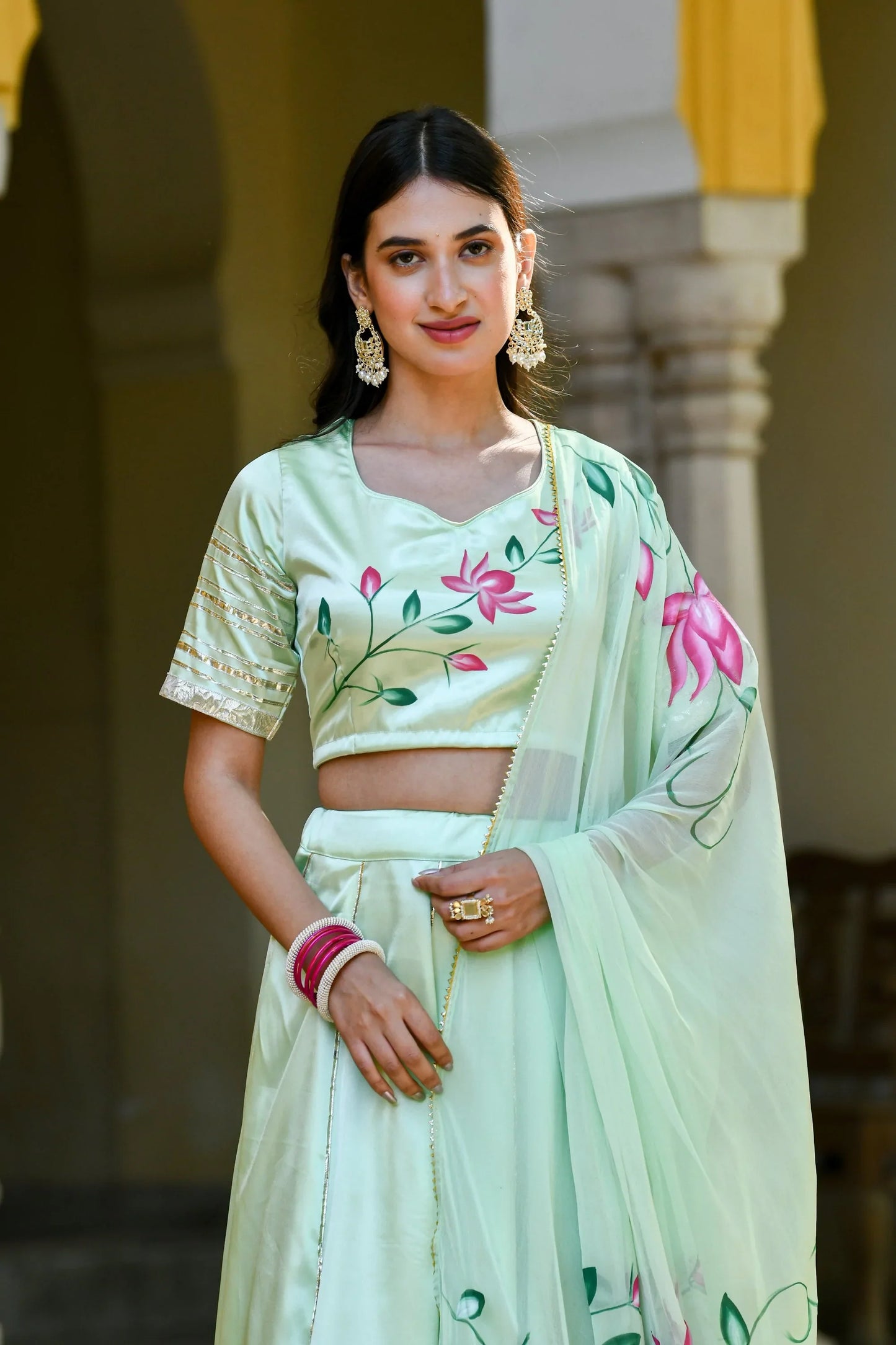 Women's Mint Green Lehenga In Satin Silk- (3Pc Set)