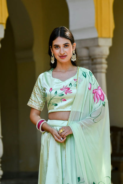 Women's Mint Green Lehenga In Satin Silk- (3Pc Set)