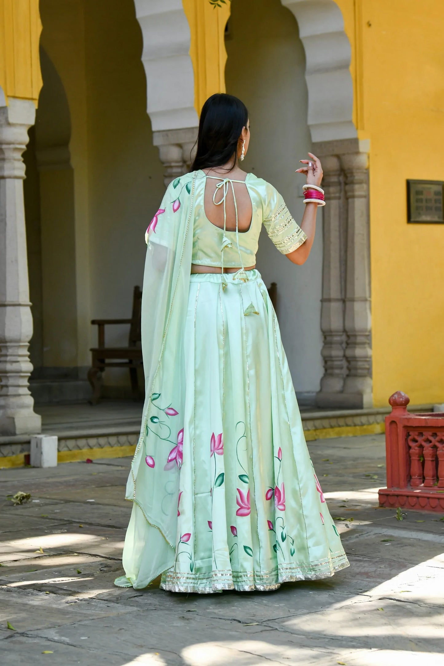 Women's Mint Green Lehenga In Satin Silk- (3Pc Set)