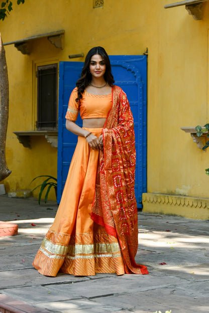 Women's Orange Lehenga In Satin Silk- (3Pc Set)