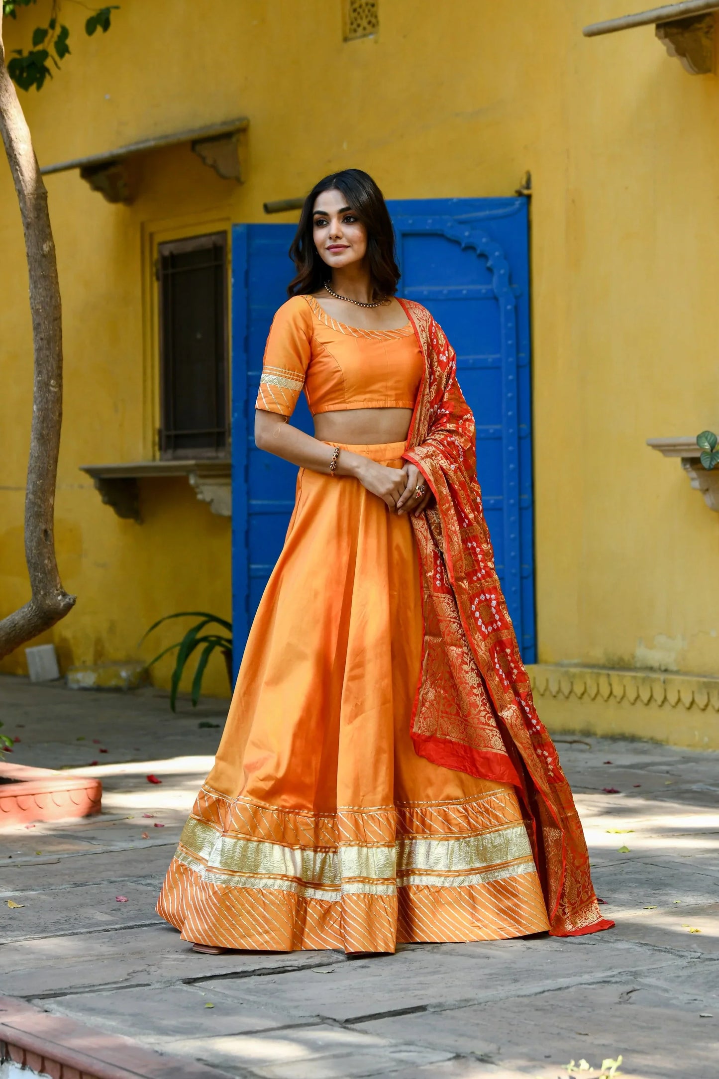 Women's Orange Lehenga In Satin Silk- (3Pc Set)