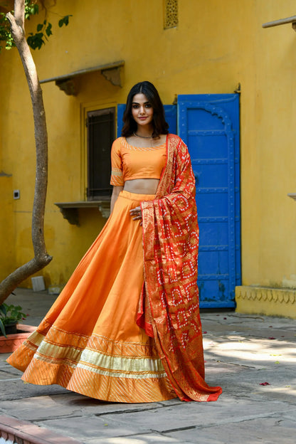 Women's Orange Lehenga In Satin Silk- (3Pc Set)