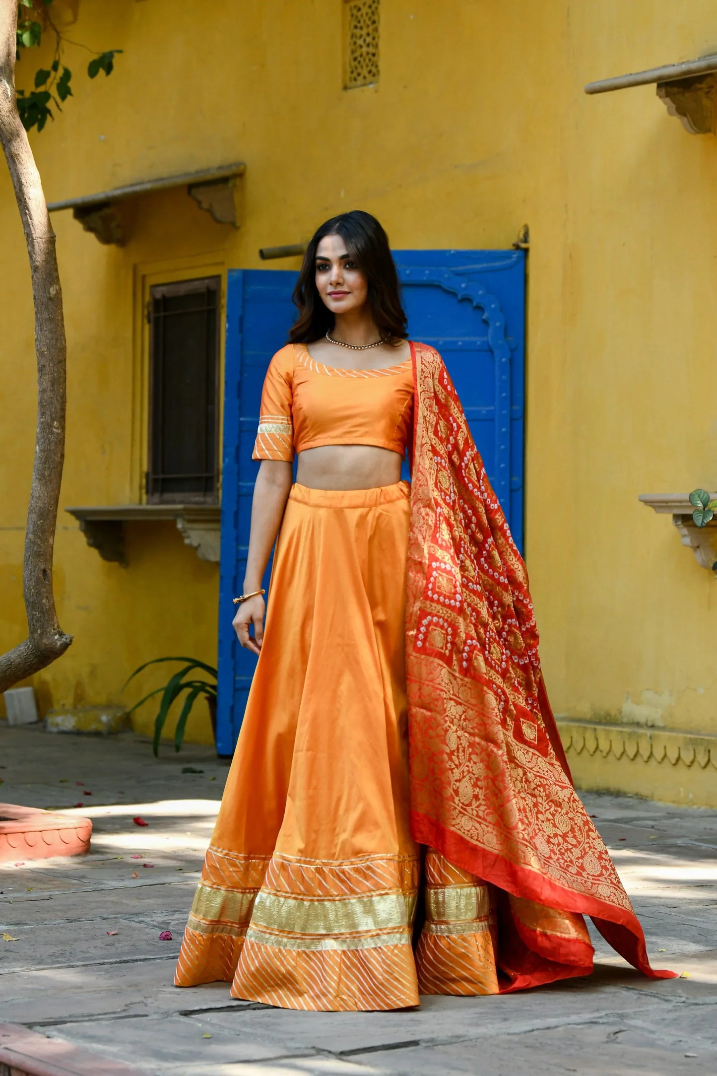 Women's Orange Lehenga In Satin Silk- (3Pc Set)