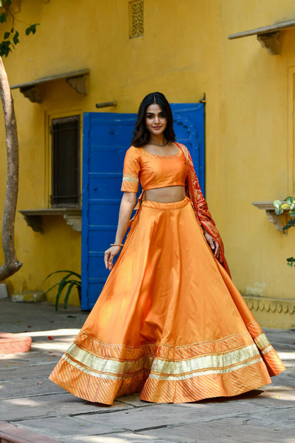 Women's Orange Lehenga In Satin Silk- (3Pc Set)