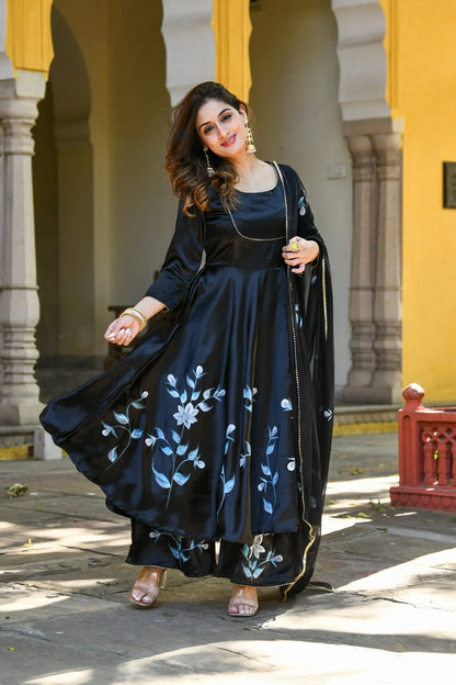 Women's Black Anarkali Kurta With Dupatta- (3Pc Set)