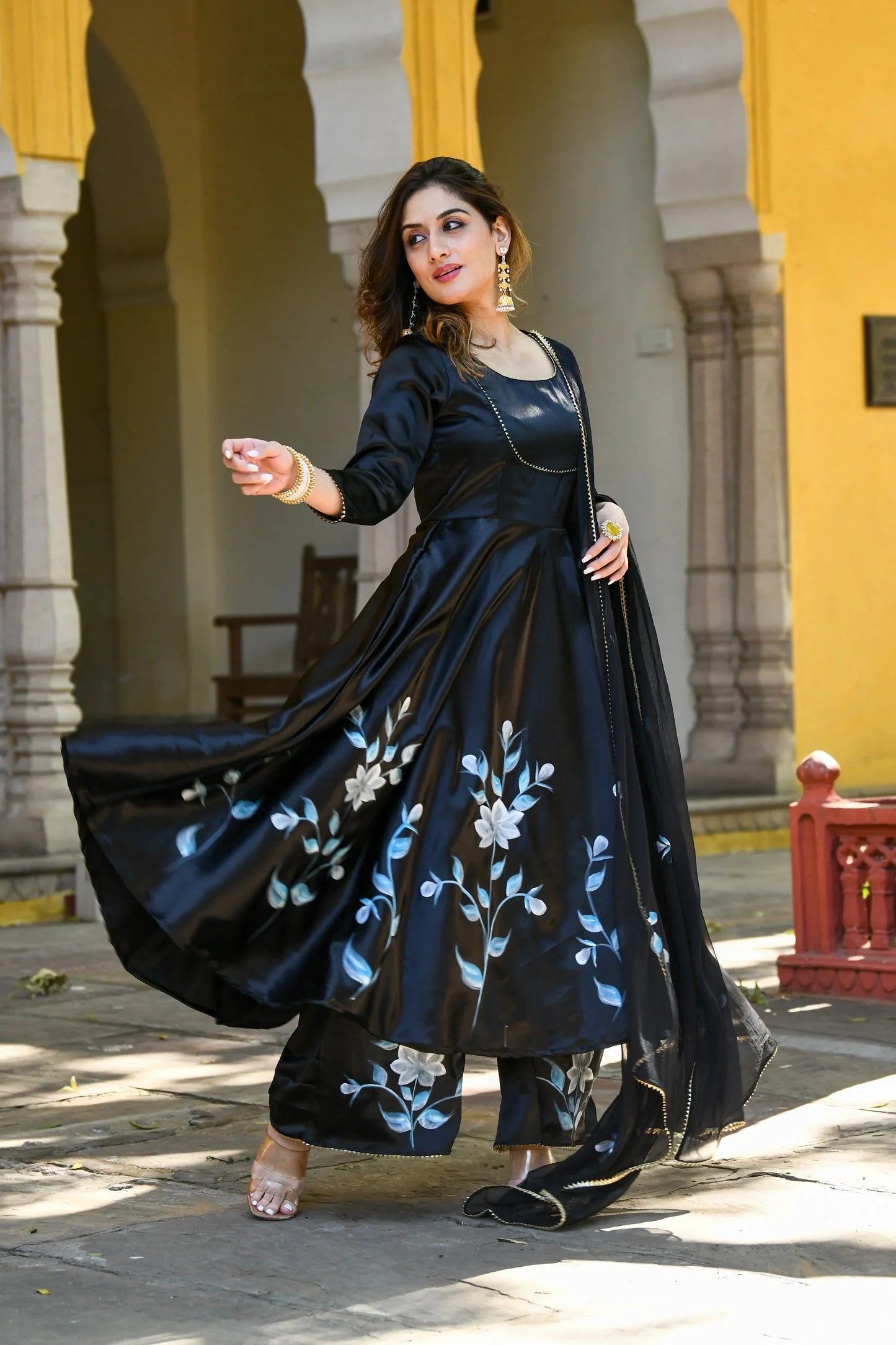 Women's Black Anarkali Kurta With Dupatta- (3Pc Set)