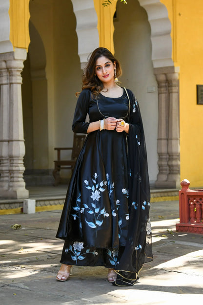 Women's Black Anarkali Kurta With Dupatta- (3Pc Set)