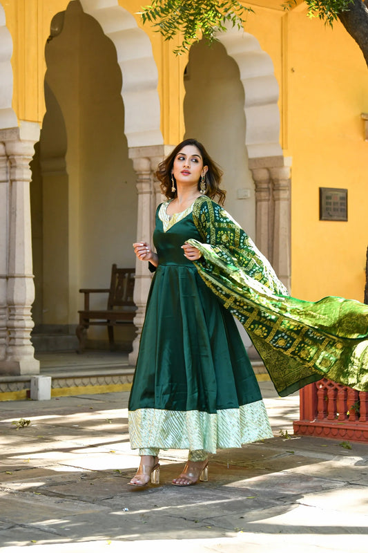 Women's Bottle Green Anarkali Suit With Dupatta- (3Pc Set)