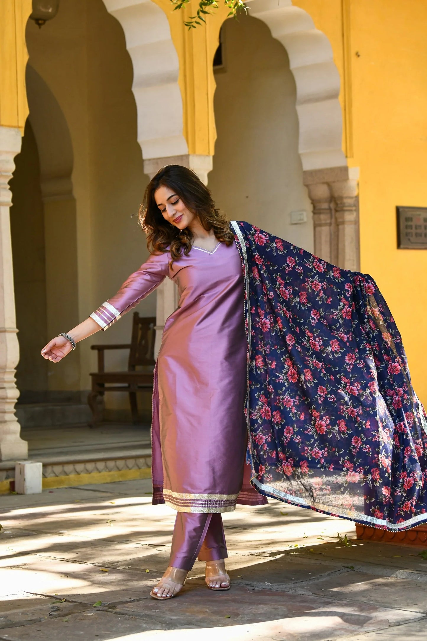 Women's Mauve Suit Set With Dupatta - 3Pc Set