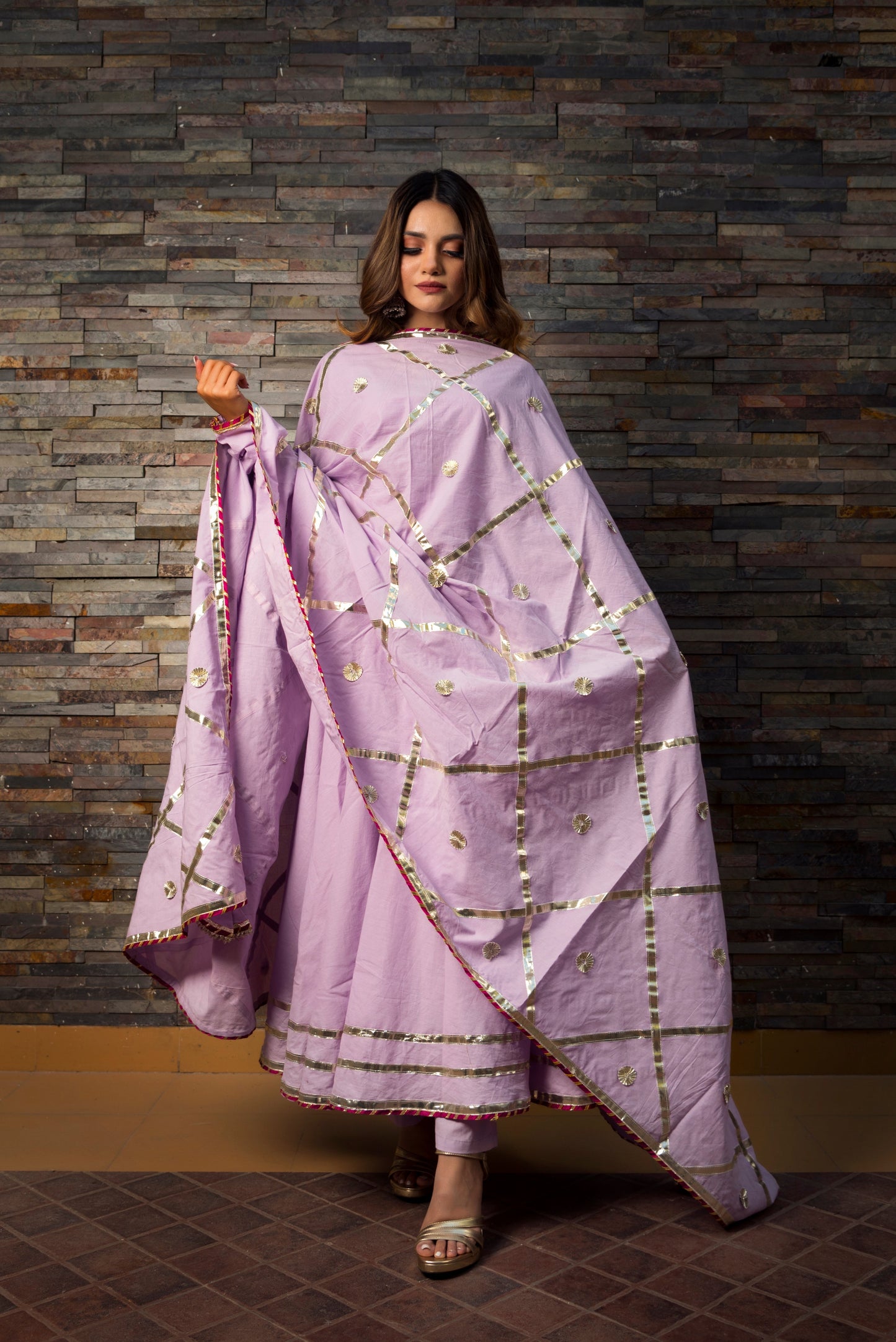 Women's Lavender Cotton Anarkali Kurta with Pant & Dupatta (3pcs Set) - Pomcha Jaipur