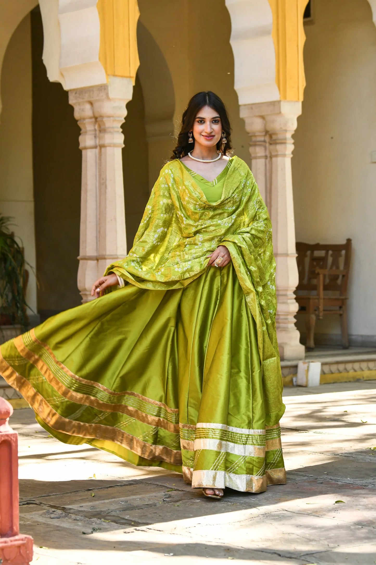 Women's Green Lehenga In Silk- 3Pc Set