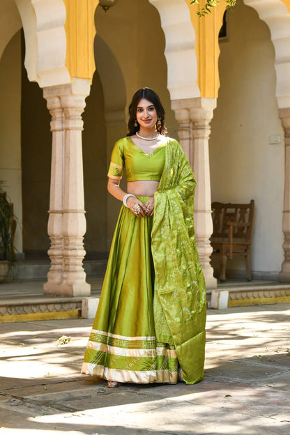 Women's Green Lehenga In Silk- 3Pc Set