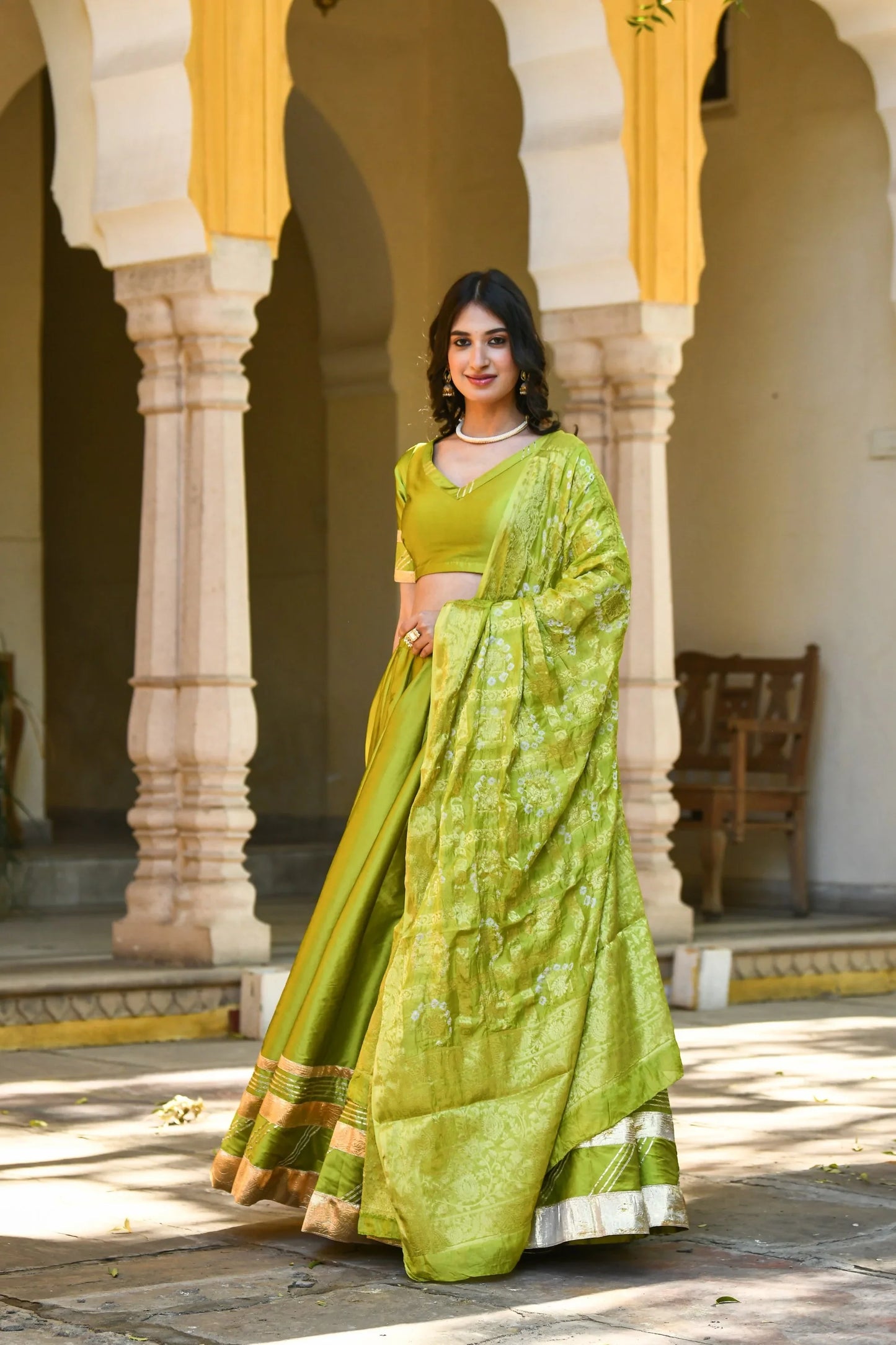 Women's Green Lehenga In Silk- 3Pc Set