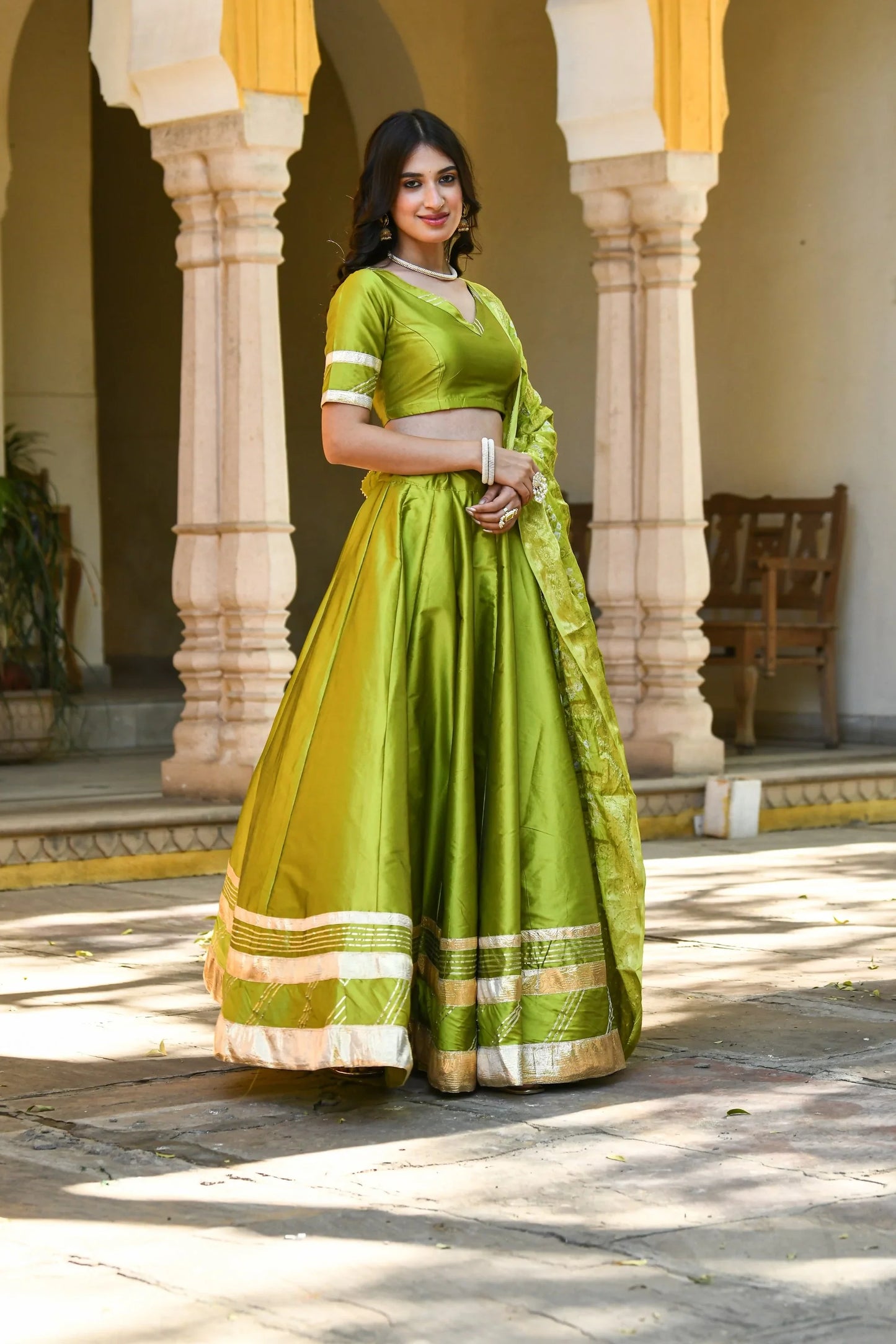 Women's Green Lehenga In Silk- 3Pc Set