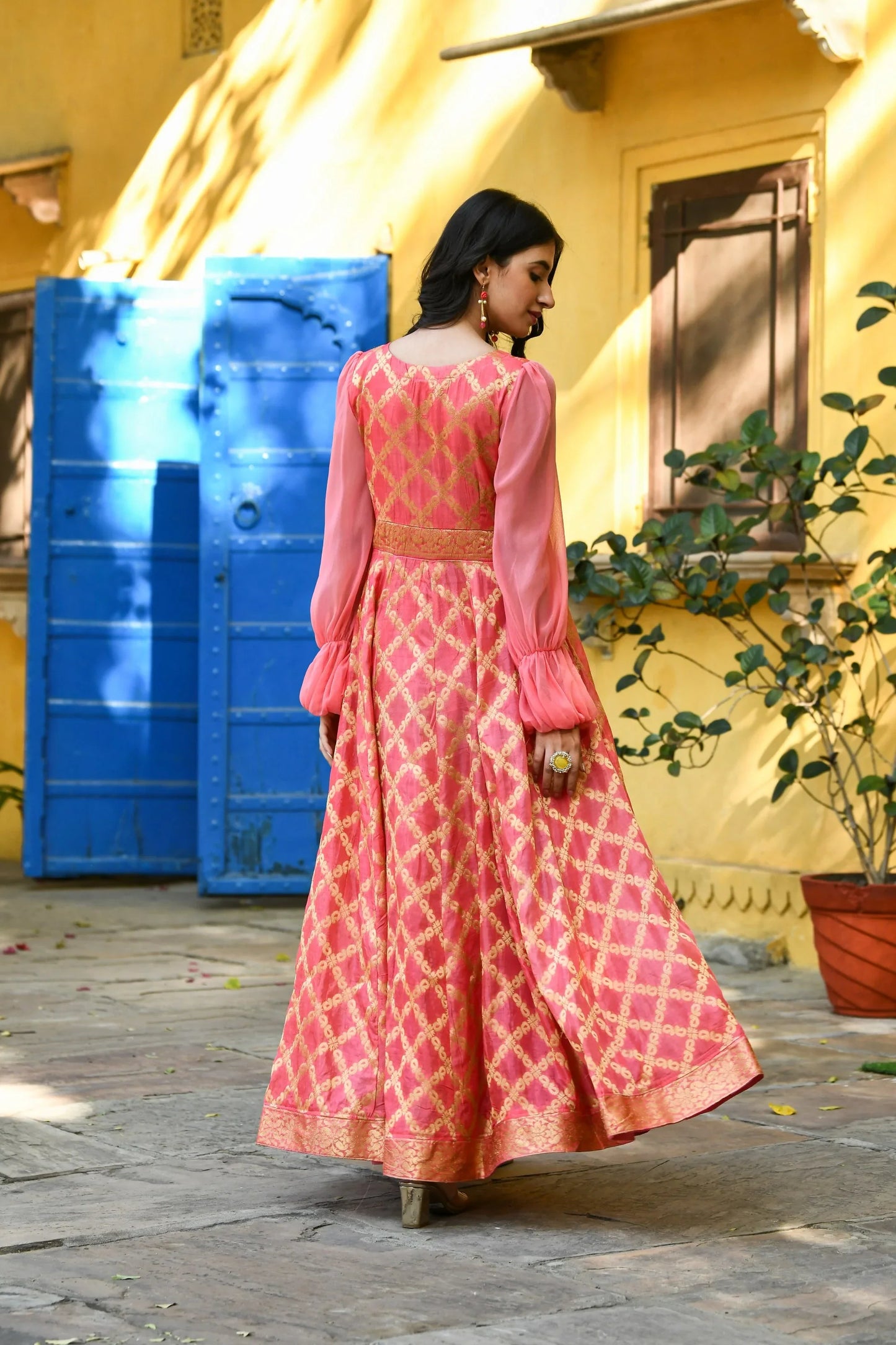 Women's Pink Silk Gown With Balloon Sleeves -(1Pc)