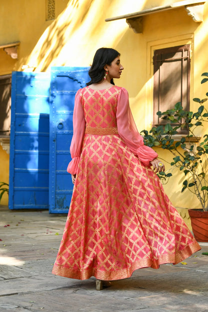 Women's Pink Silk Gown With Balloon Sleeves -(1Pc)