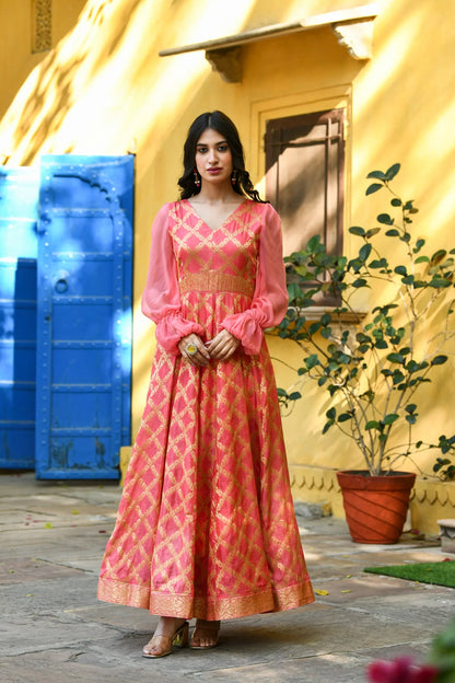 Women's Pink Silk Gown With Balloon Sleeves -(1Pc)