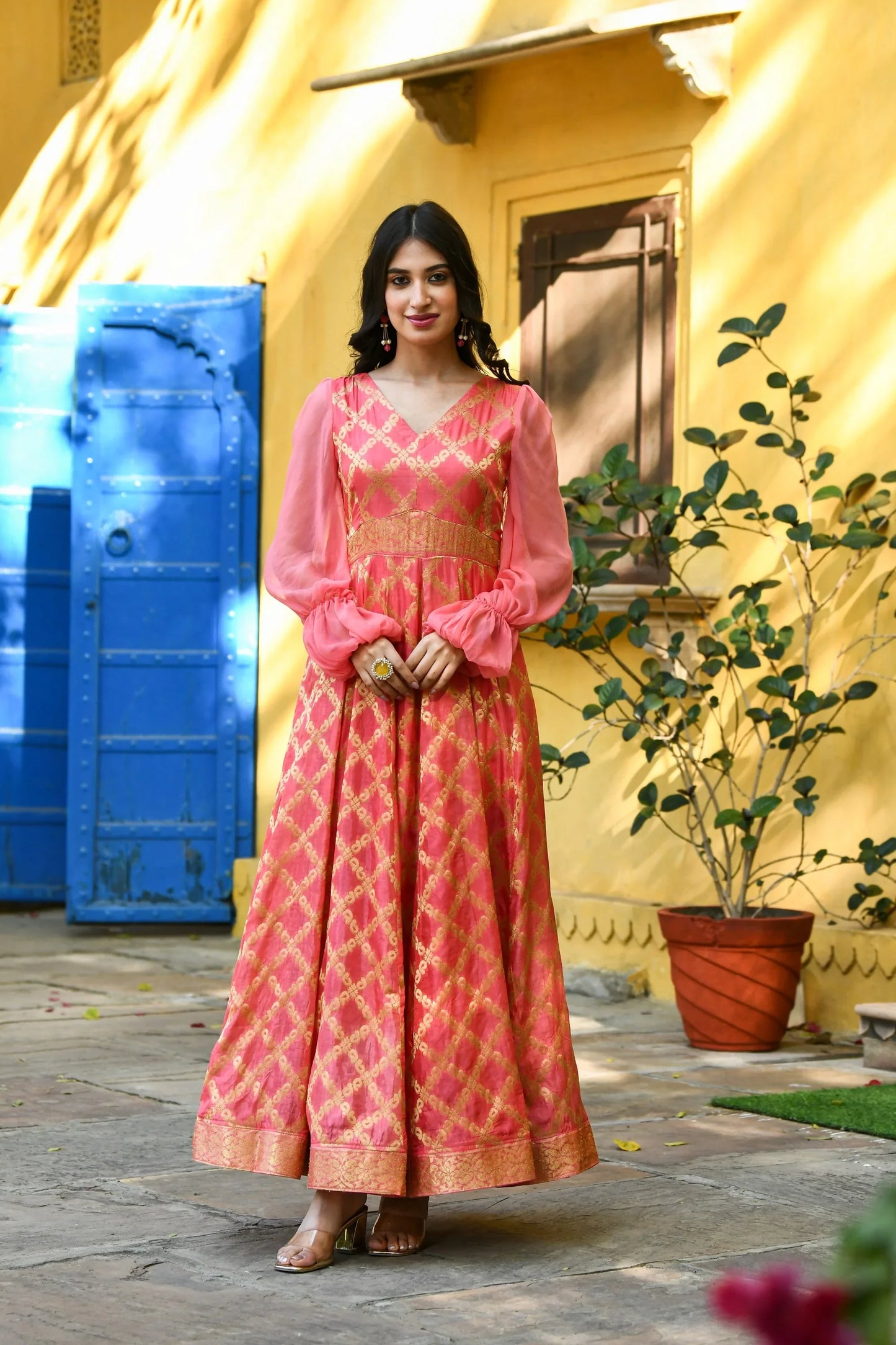 Women's Pink Silk Gown With Balloon Sleeves -(1Pc)