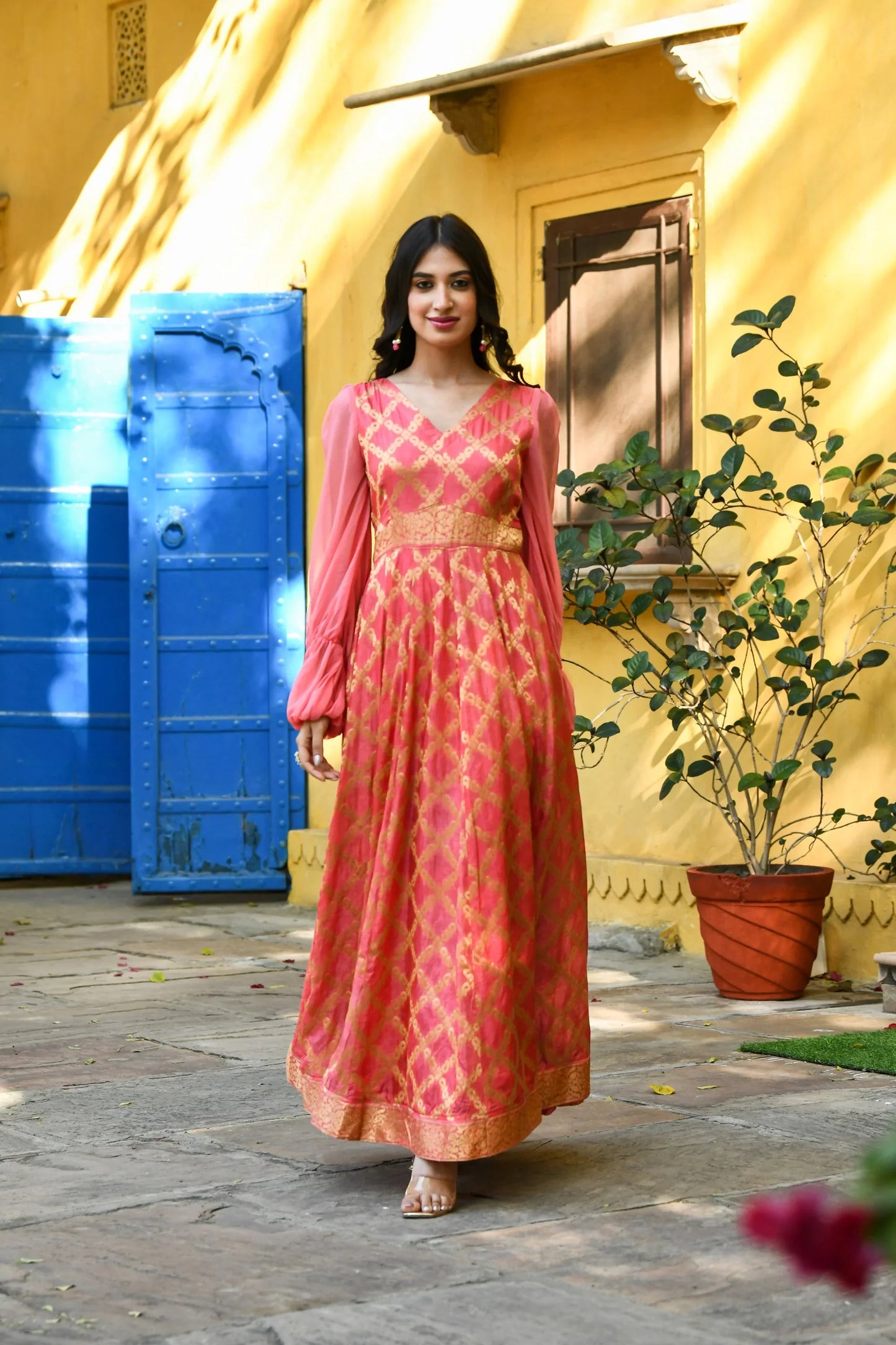 Women's Pink Silk Gown With Balloon Sleeves -(1Pc)