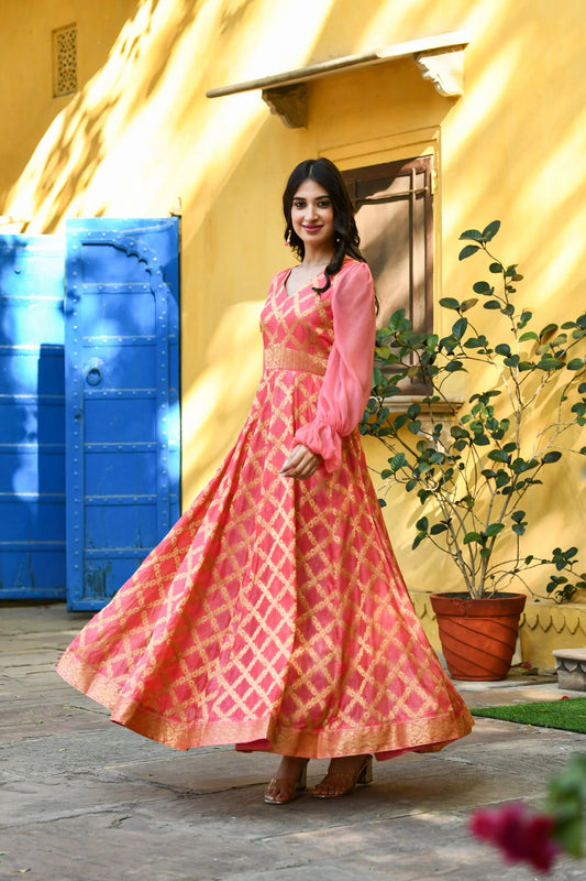 Women's Pink Silk Gown With Balloon Sleeves -(1Pc)