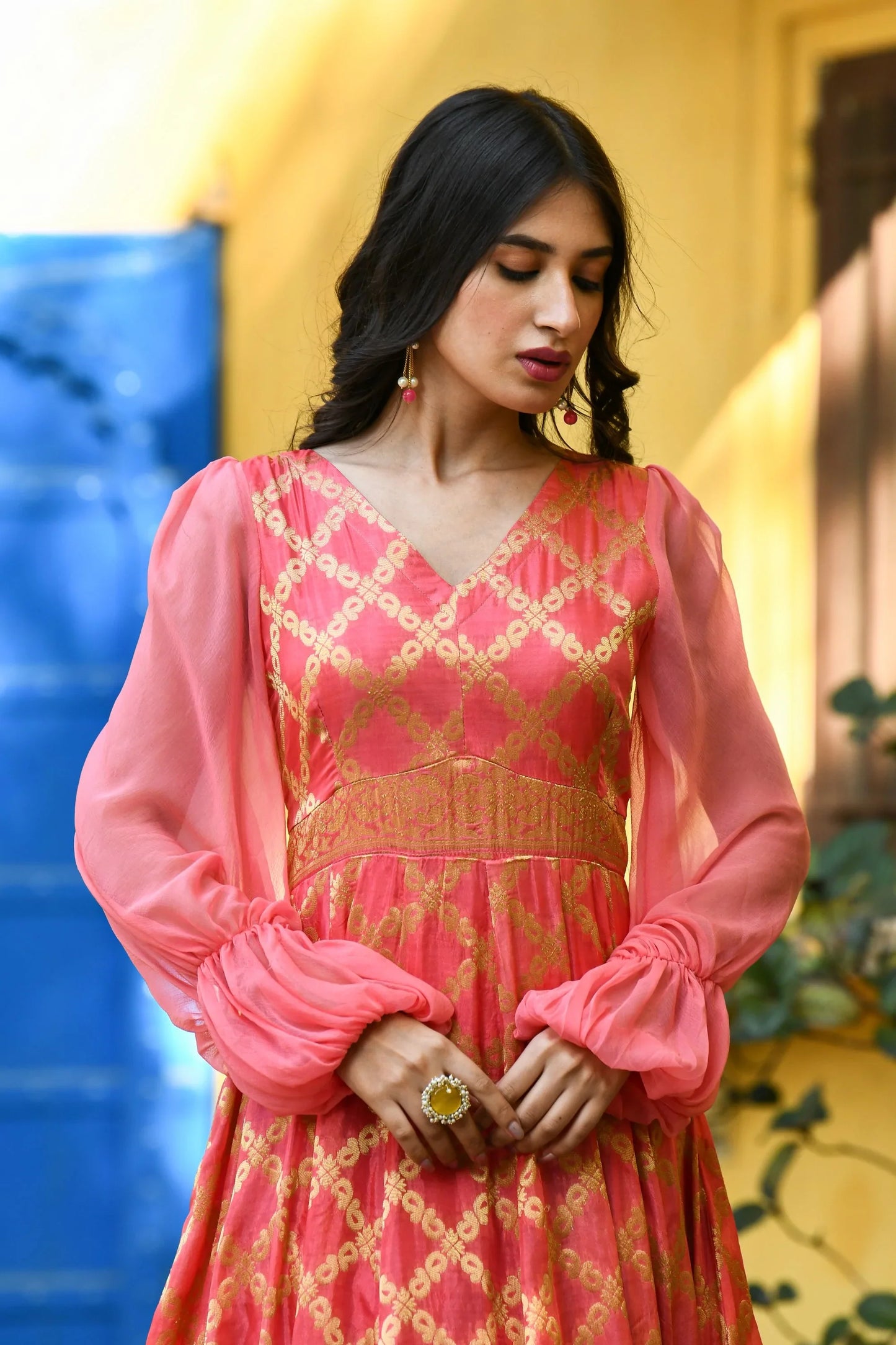 Women's Pink Silk Gown With Balloon Sleeves -(1Pc)