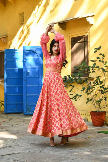 Women's Pink Silk Gown With Balloon Sleeves -(1Pc)