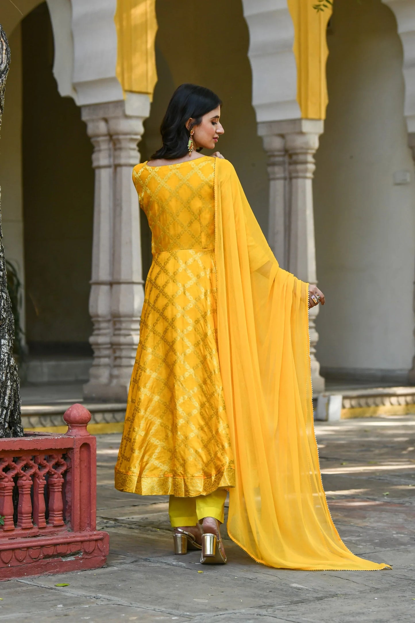 Women's Yellow Anarkali Suit Set- (3Pcs)