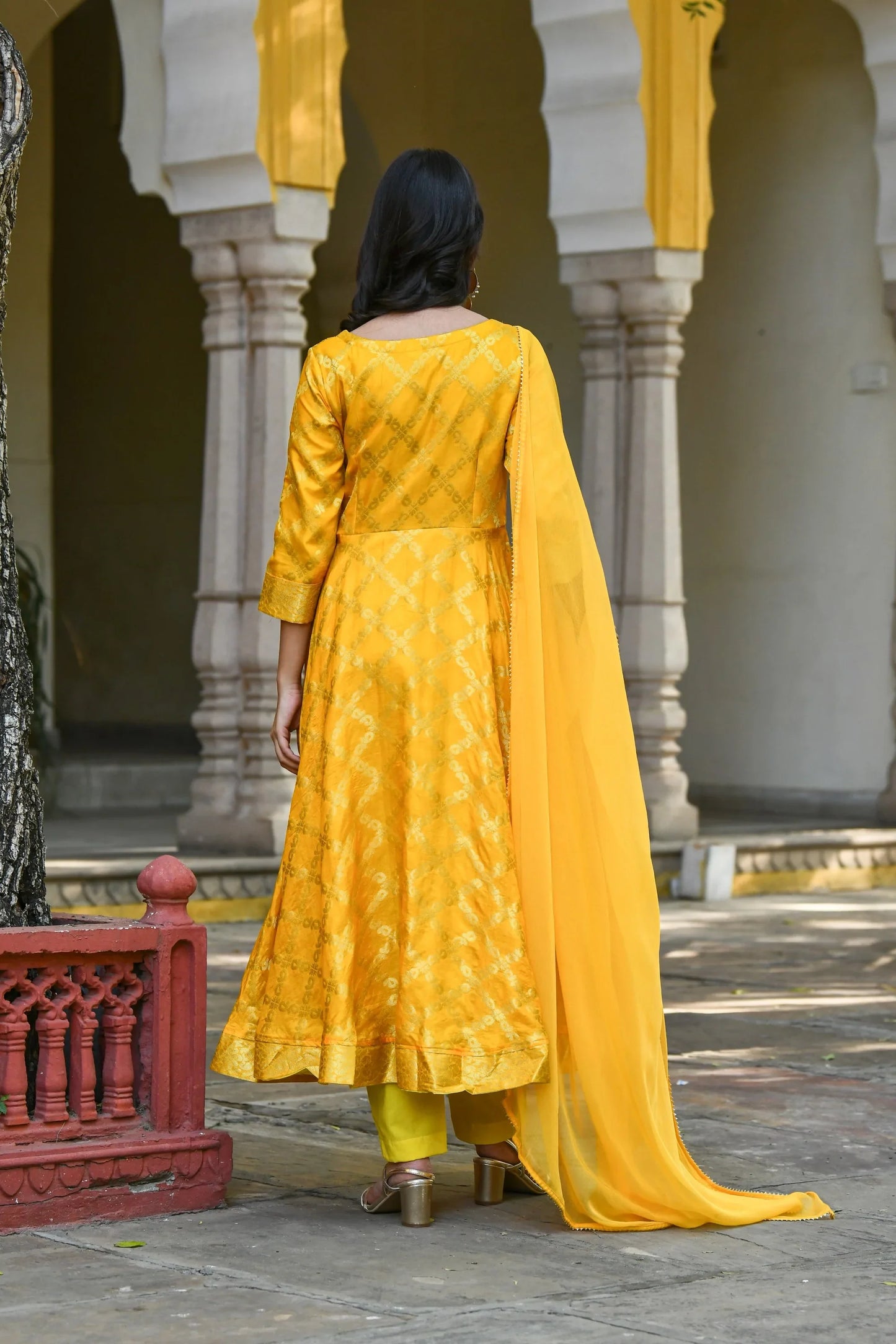 Women's Yellow Anarkali Suit Set- (3Pcs)