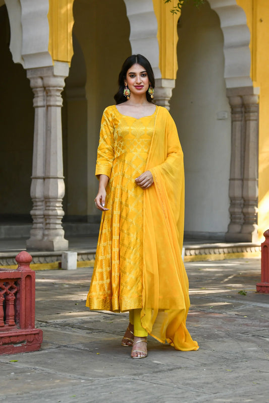 Women's Yellow Anarkali Suit Set- (3Pcs)