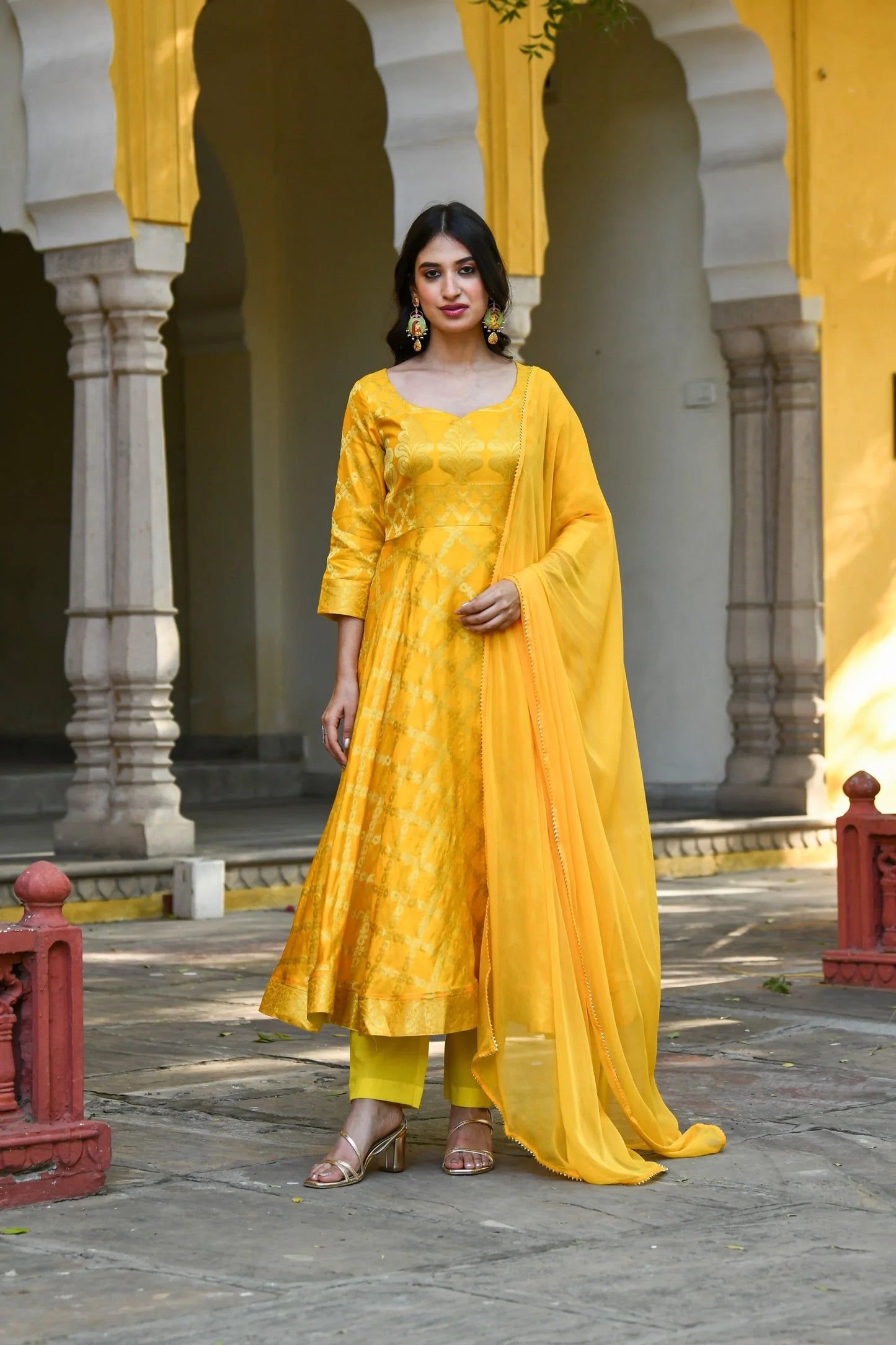 Women's Yellow Anarkali Suit Set- (3Pcs)