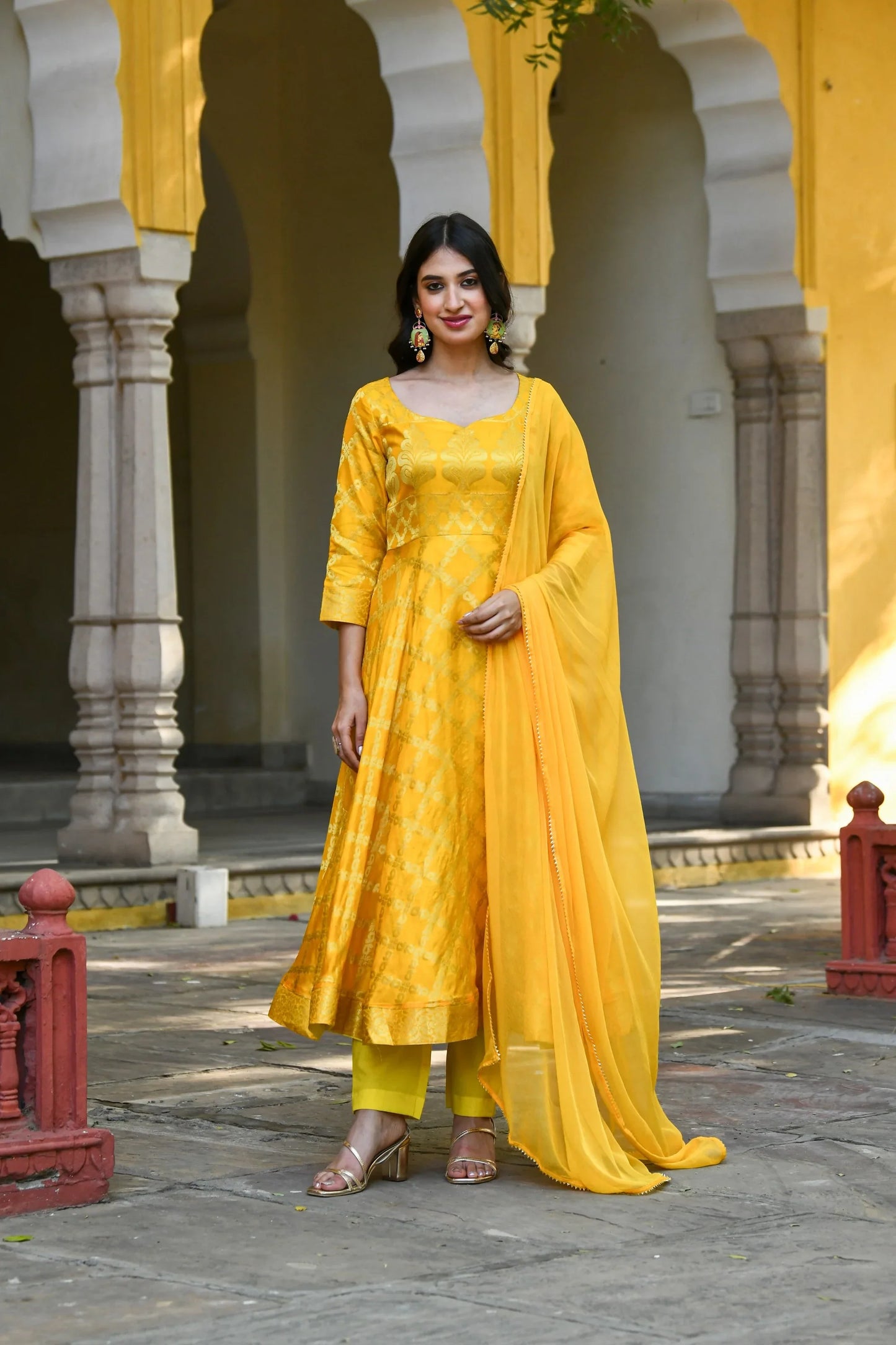 Women's Yellow Anarkali Suit Set- (3Pcs)