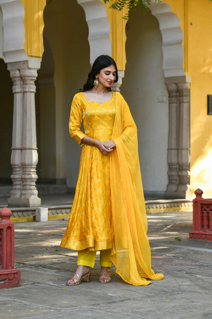 Women's Yellow Anarkali Suit Set- (3Pcs)