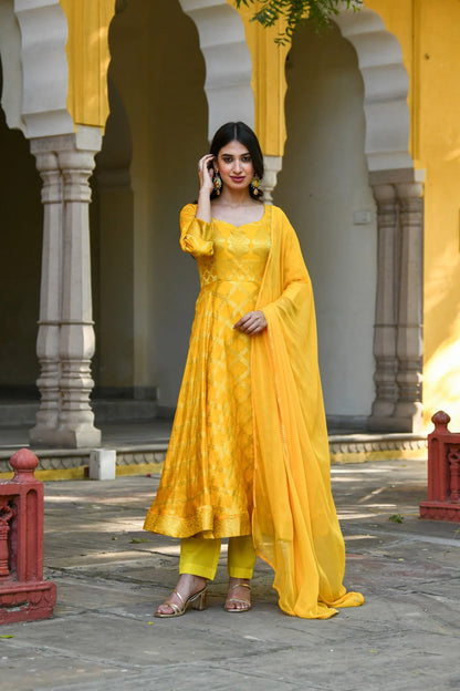 Women's Yellow Anarkali Suit Set- (3Pcs)