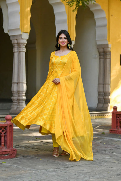 Women's Yellow Anarkali Suit Set- (3Pcs)