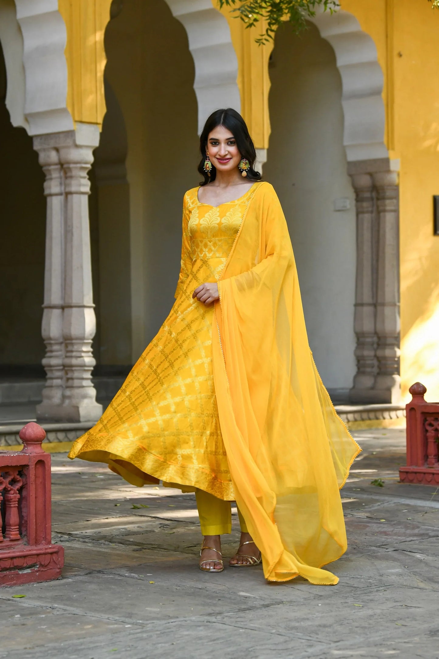 Women's Yellow Anarkali Suit Set- (3Pcs)