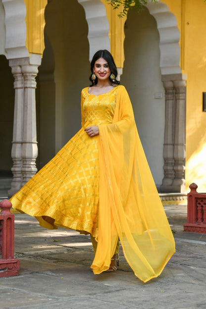 Women's Yellow Anarkali Suit Set- (3Pcs)